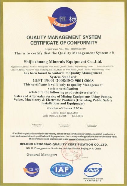 Porcellana Shijiazhuang Minerals Equipment Co. Ltd Certificazioni